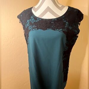 Ann Taylor Teal Top with Black Lace Accents